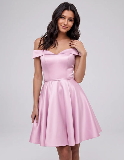 Polyester Satin Off-the-Shoulder V-Neck A-Line Mini Dress for Party, Cocktail, Evening, Wedding Guest, Summer Events | Rambli