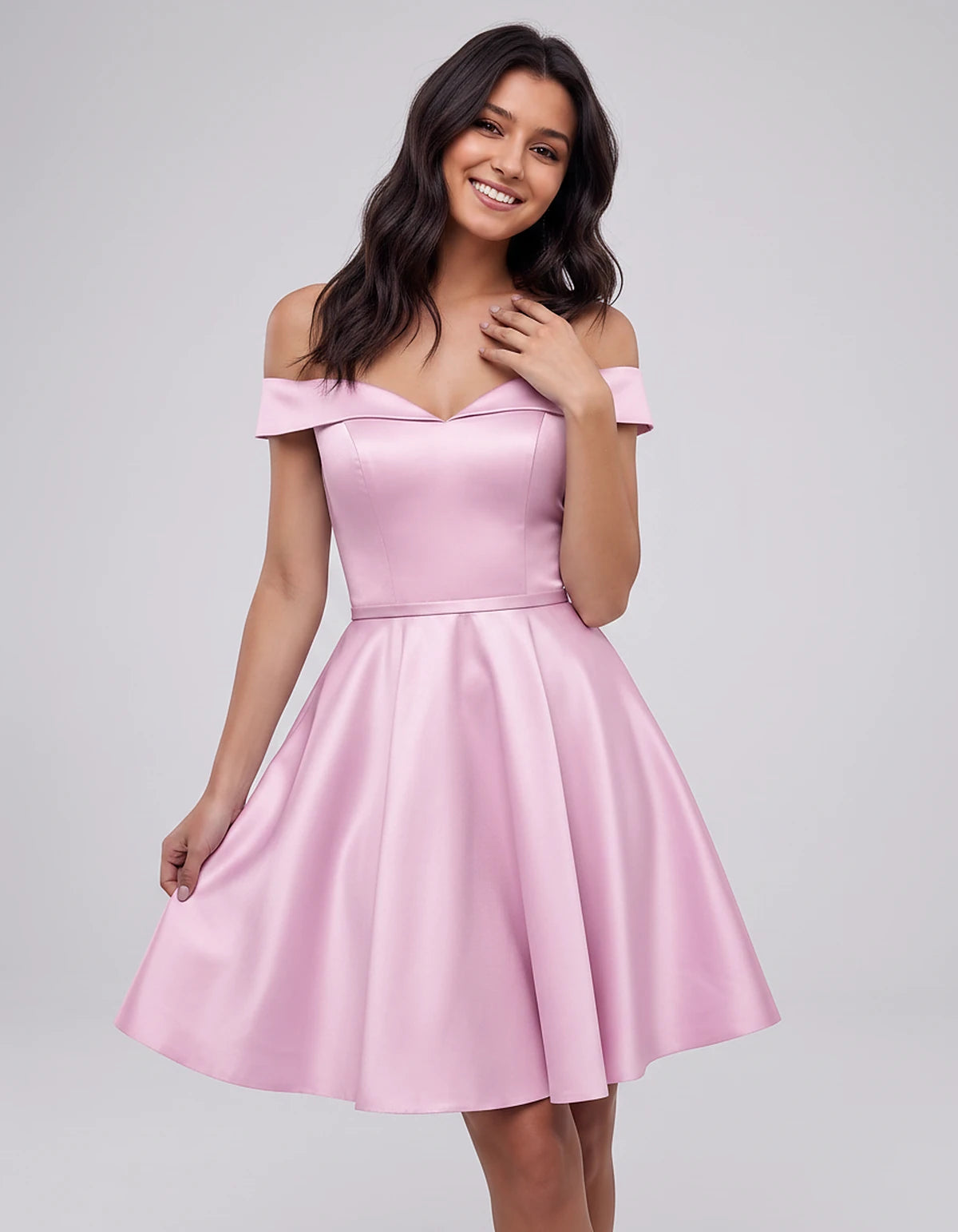 Polyester Satin Off-the-Shoulder V-Neck A-Line Mini Dress for Party, Cocktail, Evening, Wedding Guest, Summer Events | Rambli