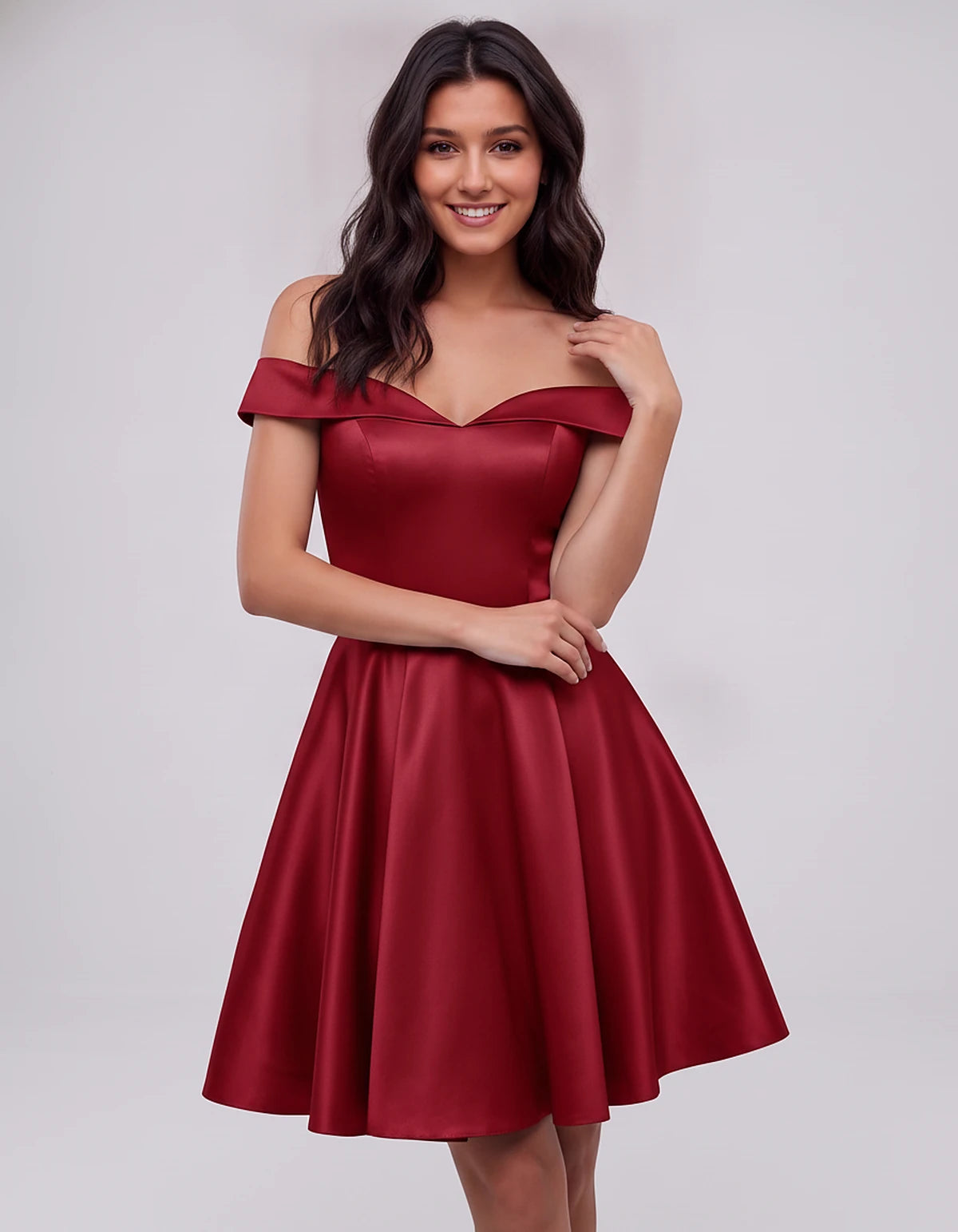 Polyester Satin Off-the-Shoulder V-Neck A-Line Mini Dress for Party, Cocktail, Evening, Wedding Guest, Summer Events | Rambli