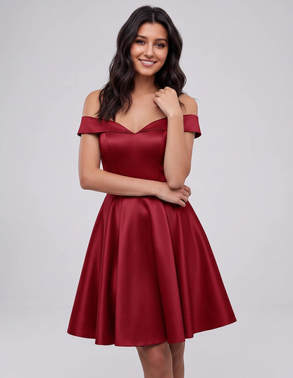 Polyester Satin Off-the-Shoulder V-Neck A-Line Mini Dress for Party, Cocktail, Evening, Wedding Guest, Summer Events | Rambli