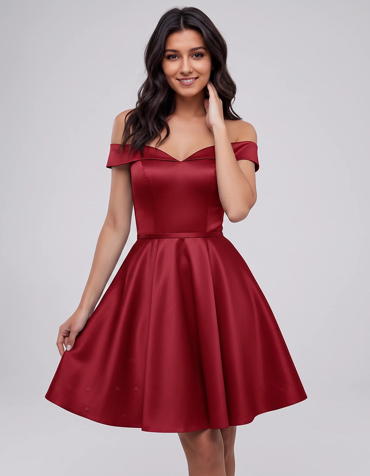 Polyester Satin Off-the-Shoulder V-Neck A-Line Mini Dress for Party, Cocktail, Evening, Wedding Guest, Summer Events | Rambli