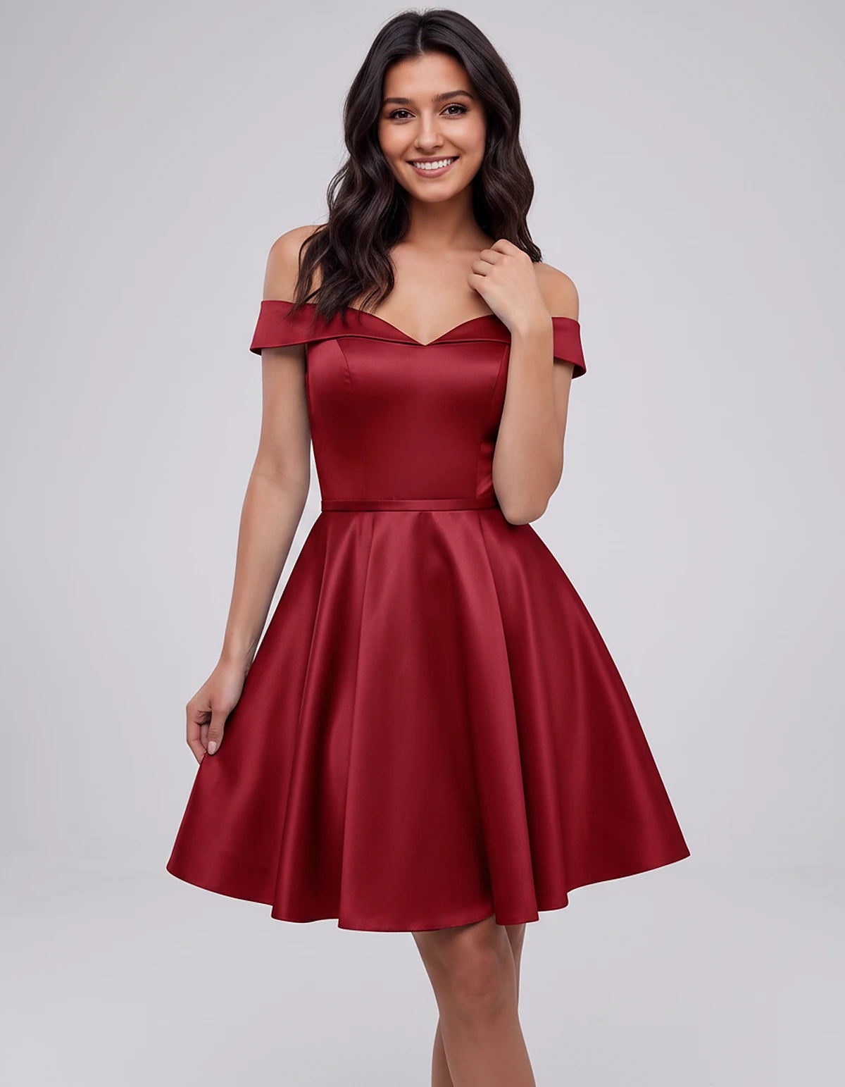 Polyester Satin Off-the-Shoulder V-Neck A-Line Mini Dress for Party, Cocktail, Evening, Wedding Guest, Summer Events | Rambli