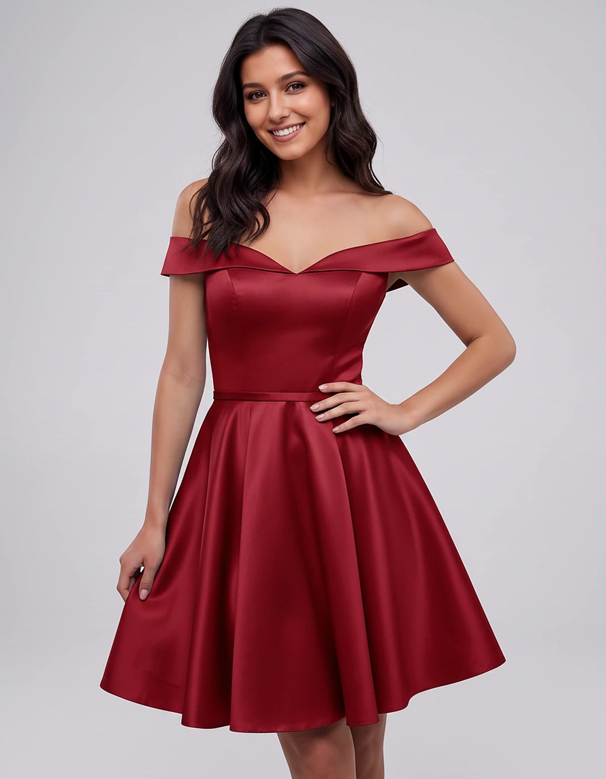 Polyester Satin Off-the-Shoulder V-Neck A-Line Mini Dress for Party, Cocktail, Evening, Wedding Guest, Summer Events | Rambli