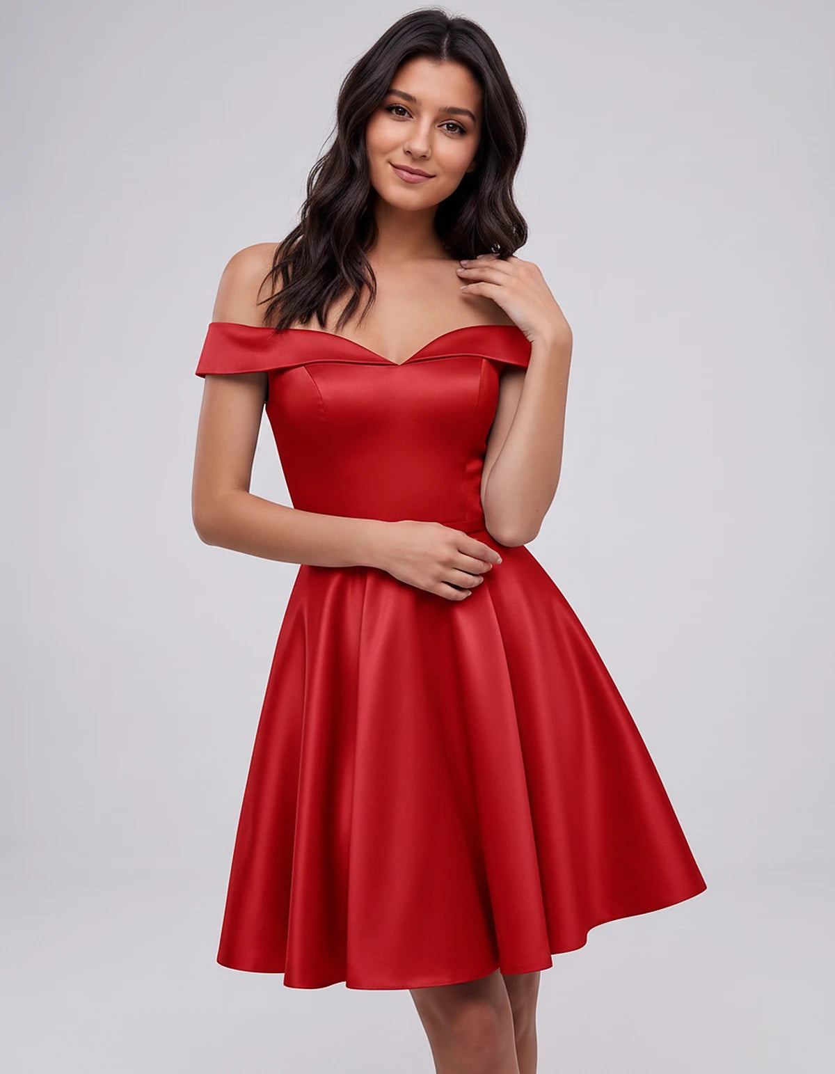 Polyester Satin Off-the-Shoulder V-Neck A-Line Mini Dress for Party, Cocktail, Evening, Wedding Guest, Summer Events | Rambli
