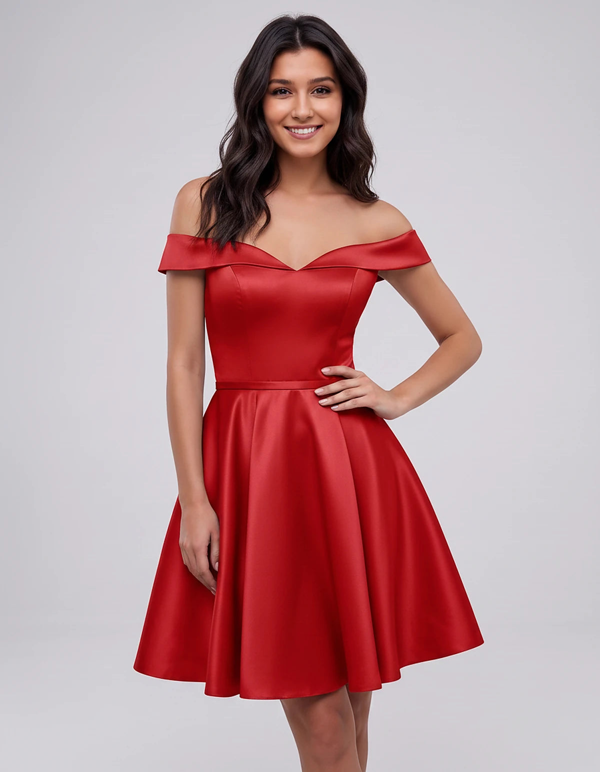 Polyester Satin Off-the-Shoulder V-Neck A-Line Mini Dress for Party, Cocktail, Evening, Wedding Guest, Summer Events | Rambli