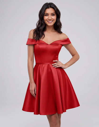 Polyester Satin Off-the-Shoulder V-Neck A-Line Mini Dress for Party, Cocktail, Evening, Wedding Guest, Summer Events | Rambli