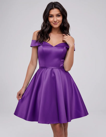 Polyester Satin Off-the-Shoulder V-Neck A-Line Mini Dress for Party, Cocktail, Evening, Wedding Guest, Summer Events | Rambli