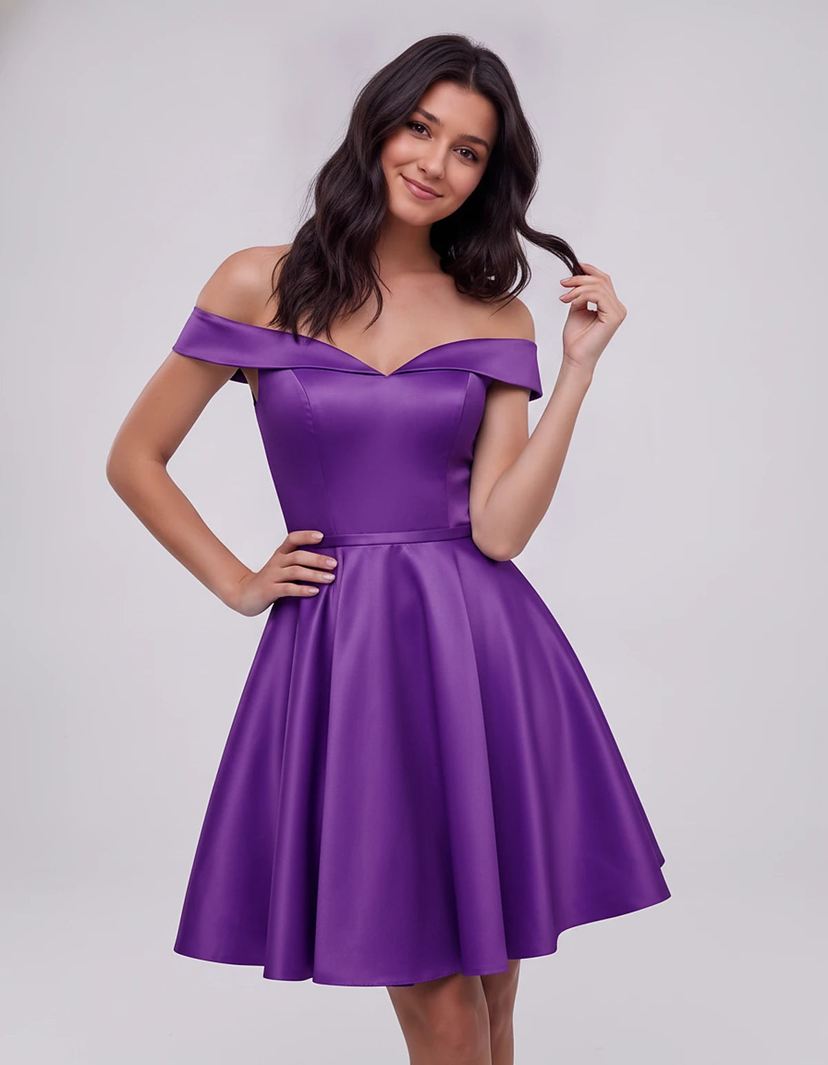 Polyester Satin Off-the-Shoulder V-Neck A-Line Mini Dress for Party, Cocktail, Evening, Wedding Guest, Summer Events | Rambli