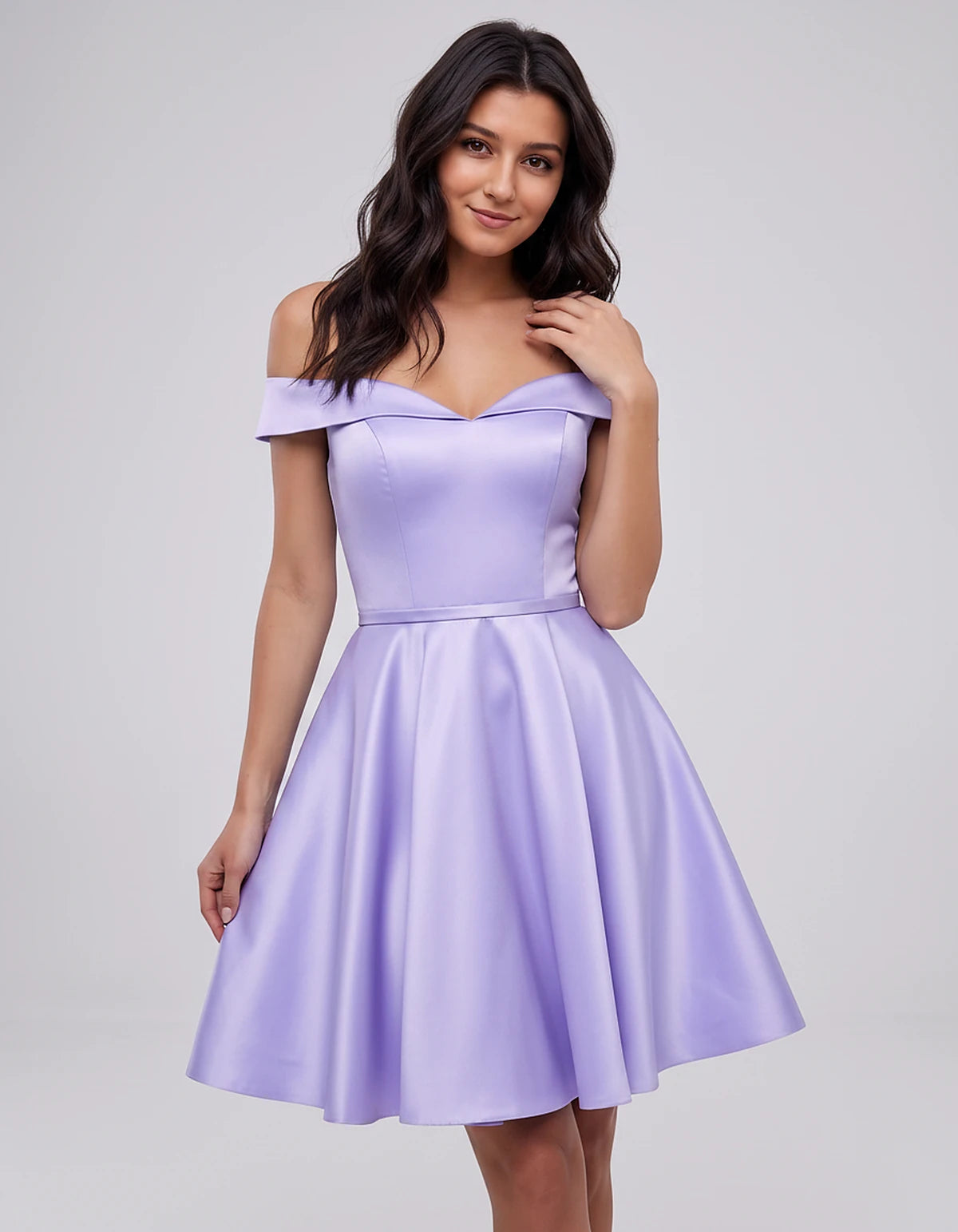 Polyester Satin Off-the-Shoulder V-Neck A-Line Mini Dress for Party, Cocktail, Evening, Wedding Guest, Summer Events | Rambli