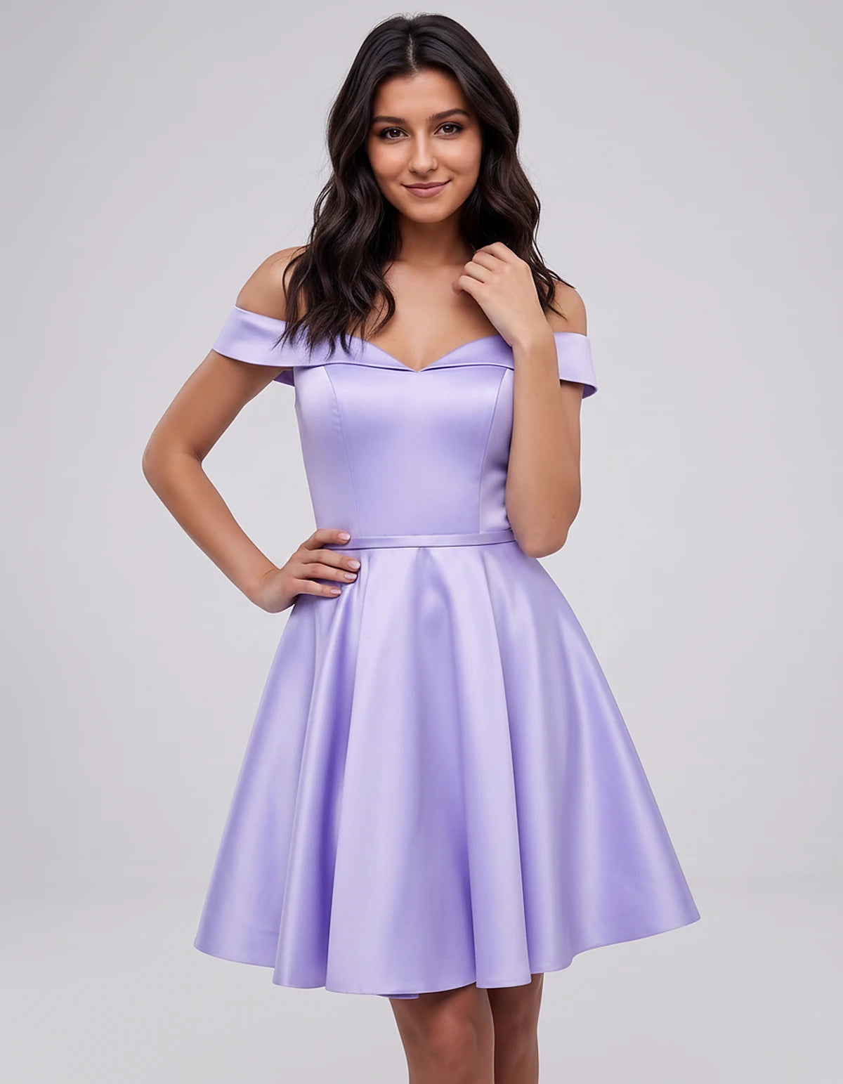 Polyester Satin Off-the-Shoulder V-Neck A-Line Mini Dress for Party, Cocktail, Evening, Wedding Guest, Summer Events | Rambli