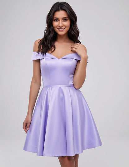 Polyester Satin Off-the-Shoulder V-Neck A-Line Mini Dress for Party, Cocktail, Evening, Wedding Guest, Summer Events | Rambli