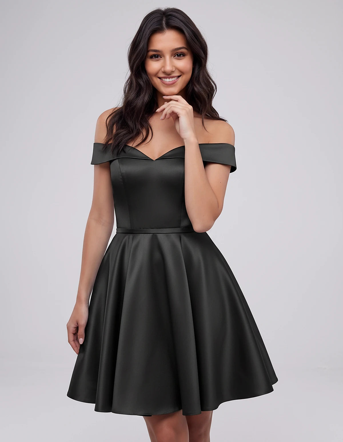 Polyester Satin Off-the-Shoulder V-Neck A-Line Mini Dress for Party, Cocktail, Evening, Wedding Guest, Summer Events | Rambli