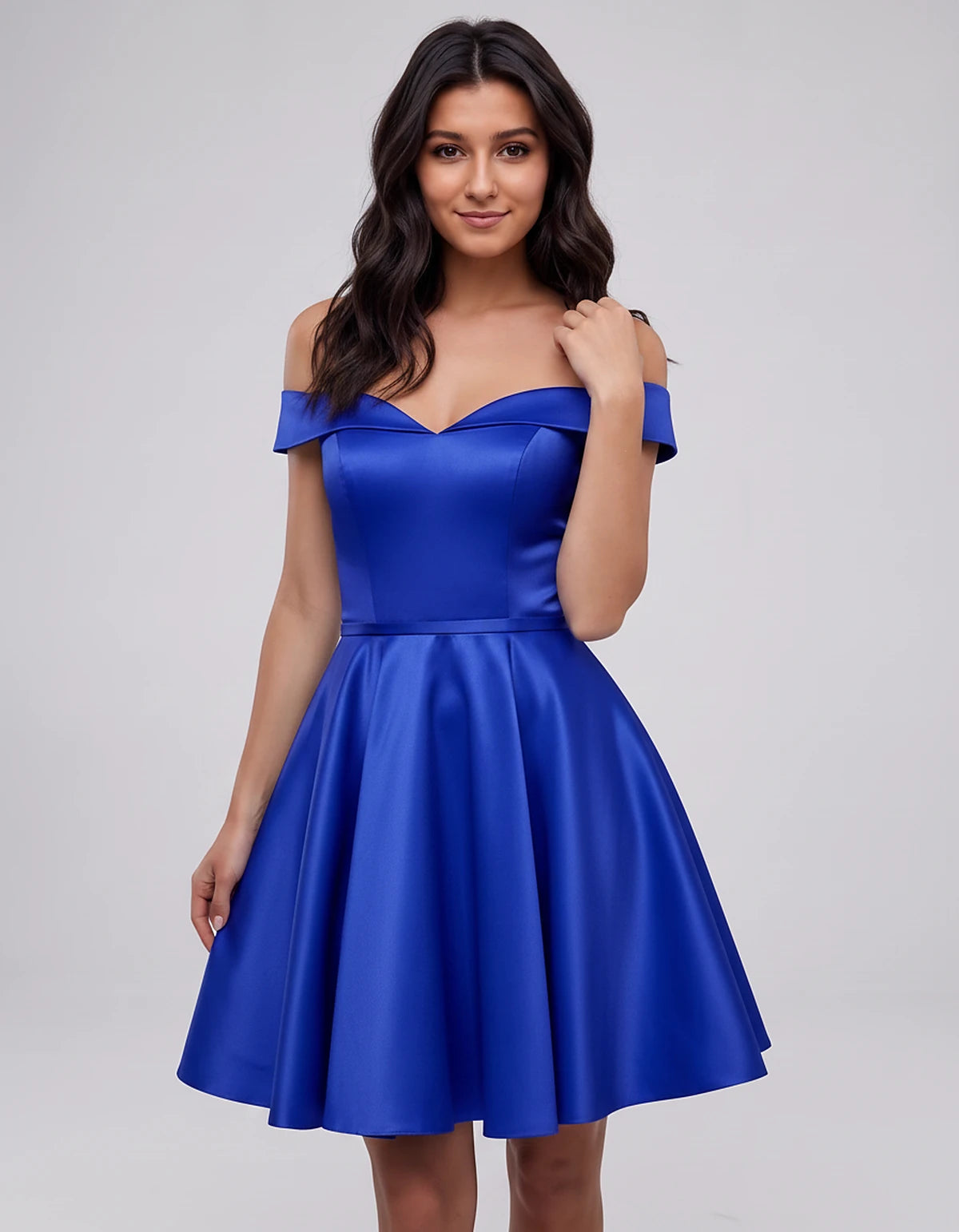 Polyester Satin Off-the-Shoulder V-Neck A-Line Mini Dress for Party, Cocktail, Evening, Wedding Guest, Summer Events | Rambli