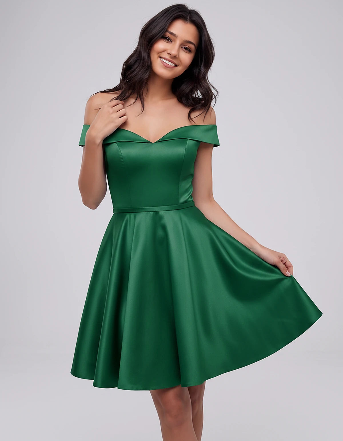 Polyester Satin Off-the-Shoulder V-Neck A-Line Mini Dress for Party, Cocktail, Evening, Wedding Guest, Summer Events | Rambli