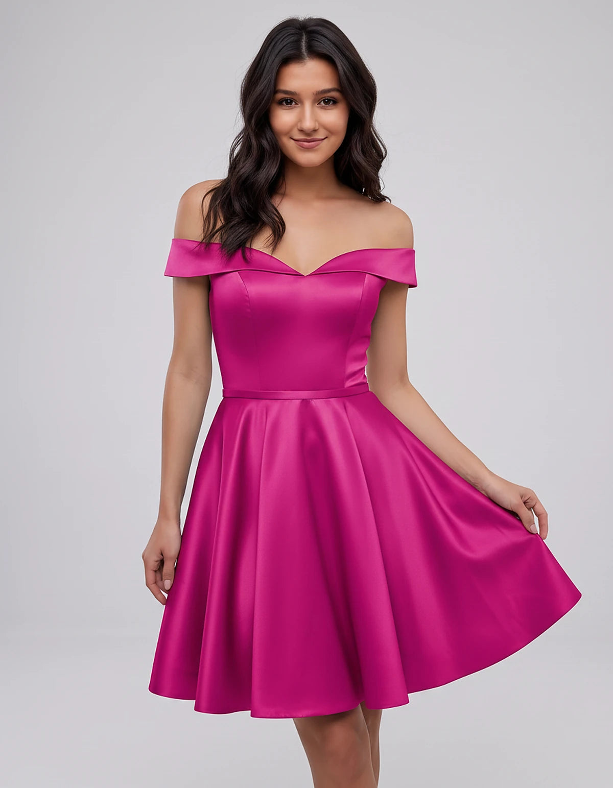 Polyester Satin Off-the-Shoulder V-Neck A-Line Mini Dress for Party, Cocktail, Evening, Wedding Guest, Summer Events | Rambli