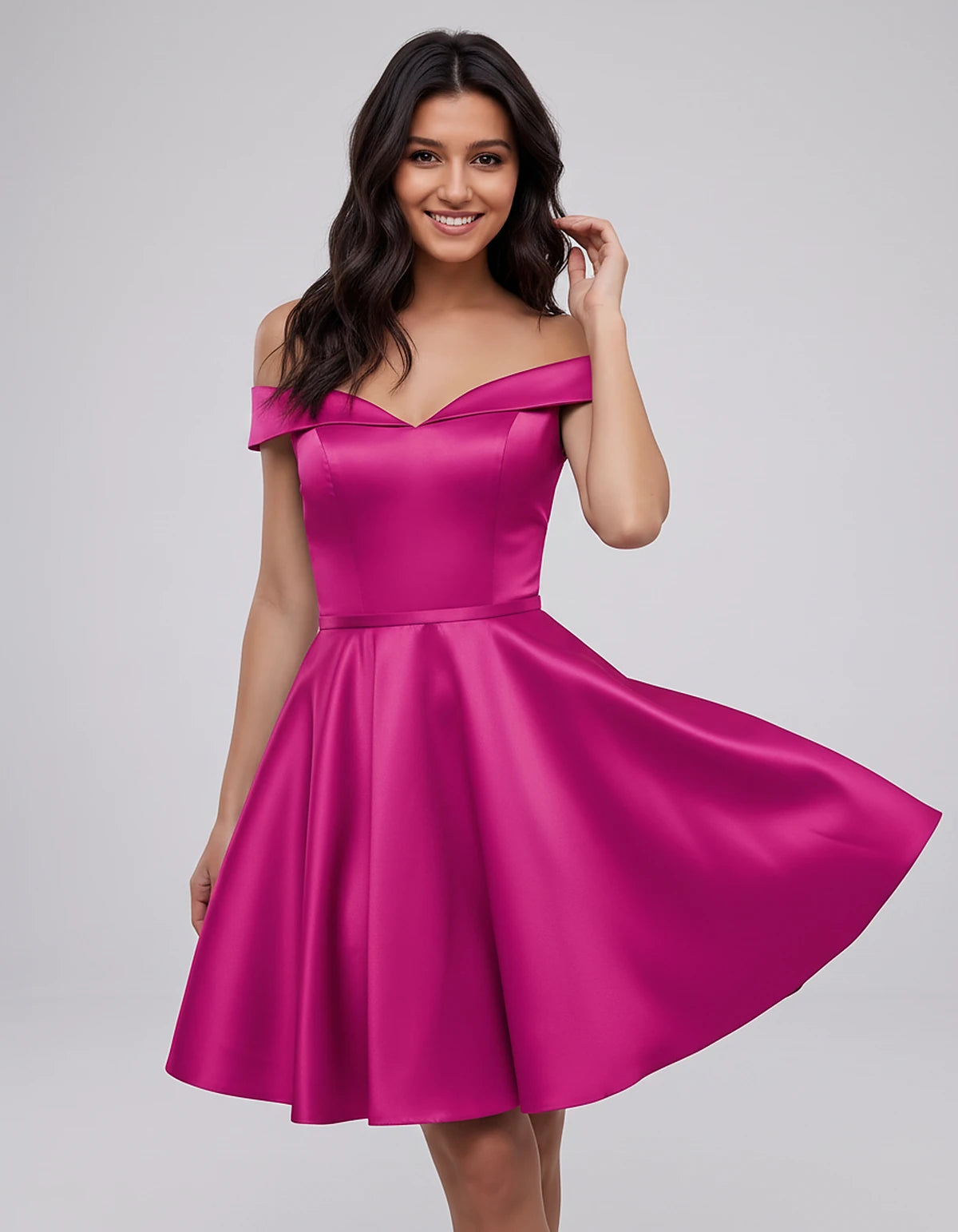 Polyester Satin Off-the-Shoulder V-Neck A-Line Mini Dress for Party, Cocktail, Evening, Wedding Guest, Summer Events | Rambli