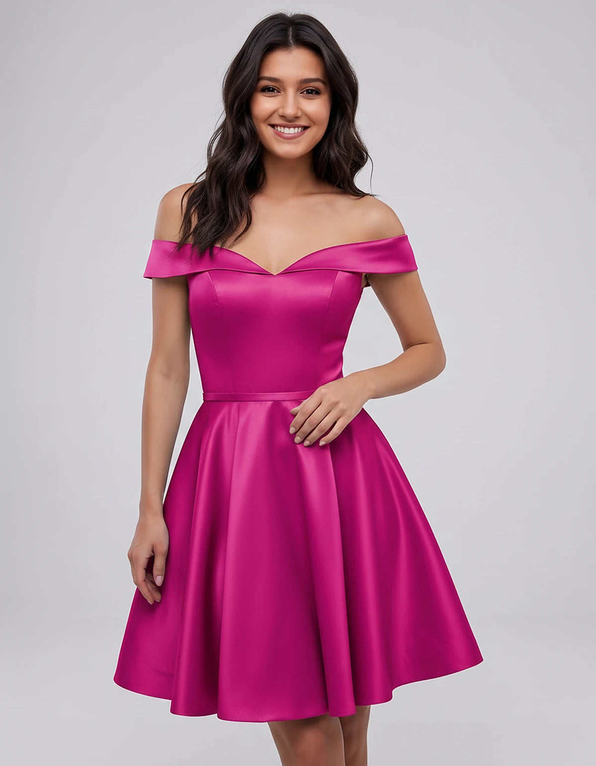 Polyester Satin Off-the-Shoulder V-Neck A-Line Mini Dress for Party, Cocktail, Evening, Wedding Guest, Summer Events | Rambli