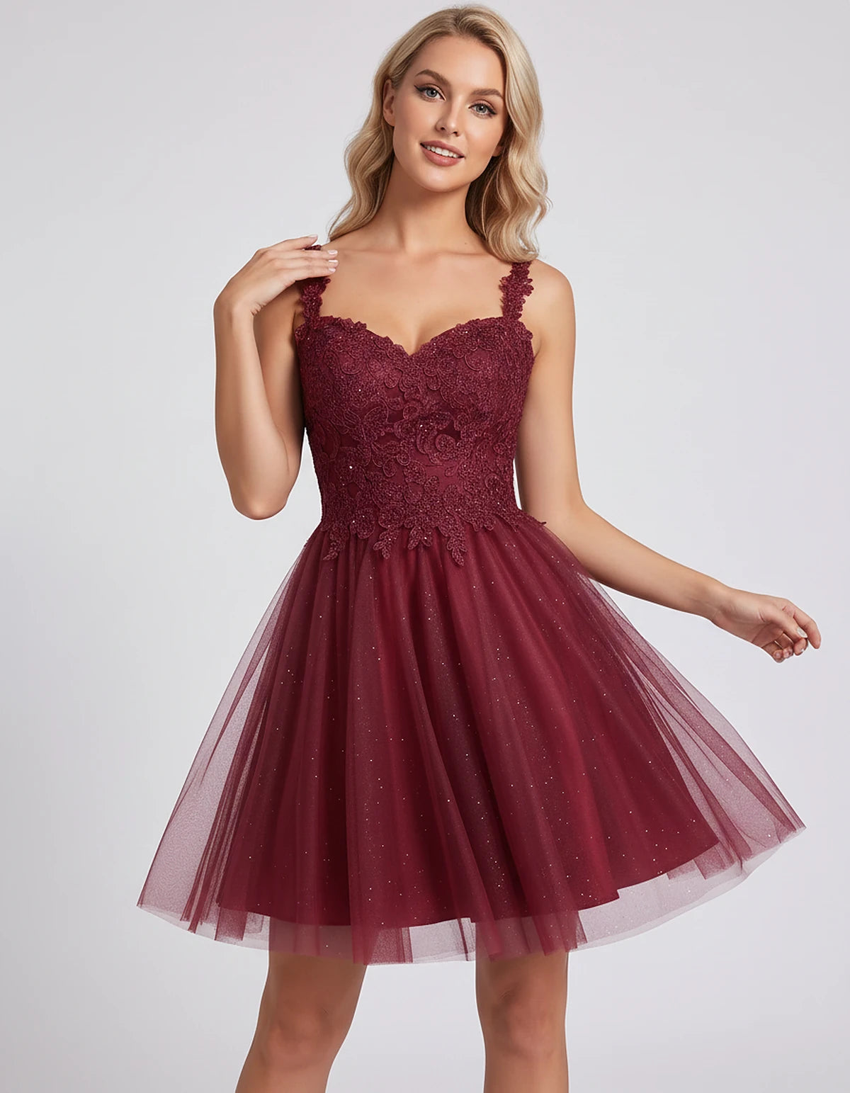 Polyester Tulle Satin Sleeveless Sweetheart V-Neck A-Line Mini Dress for Party, Cocktail, Evening, Summer & Wedding Guest Eve