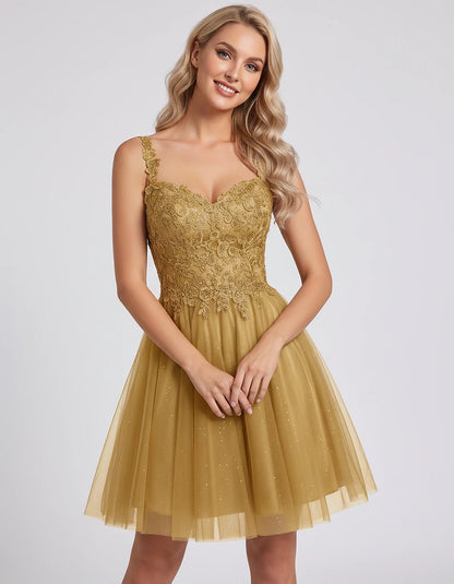 Polyester Tulle Satin Sleeveless Sweetheart V-Neck A-Line Mini Dress for Party, Cocktail, Evening, Summer & Wedding Guest Eve
