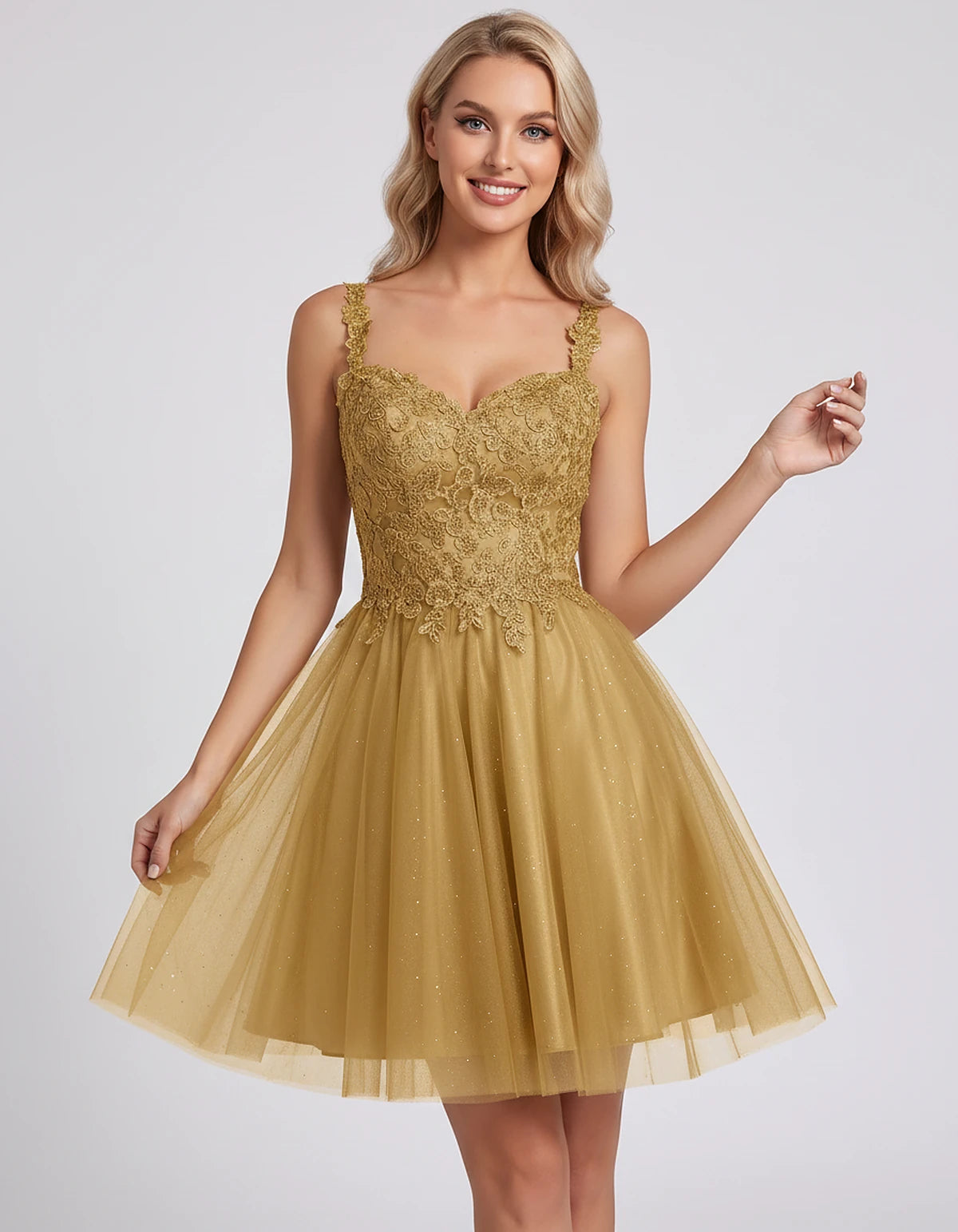 Polyester Tulle Satin Sleeveless Sweetheart V-Neck A-Line Mini Dress for Party, Cocktail, Evening, Summer & Wedding Guest Eve