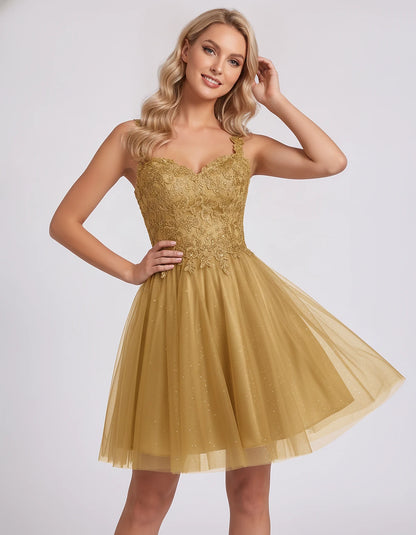 Polyester Tulle Satin Sleeveless Sweetheart V-Neck A-Line Mini Dress for Party, Cocktail, Evening, Summer & Wedding Guest Eve