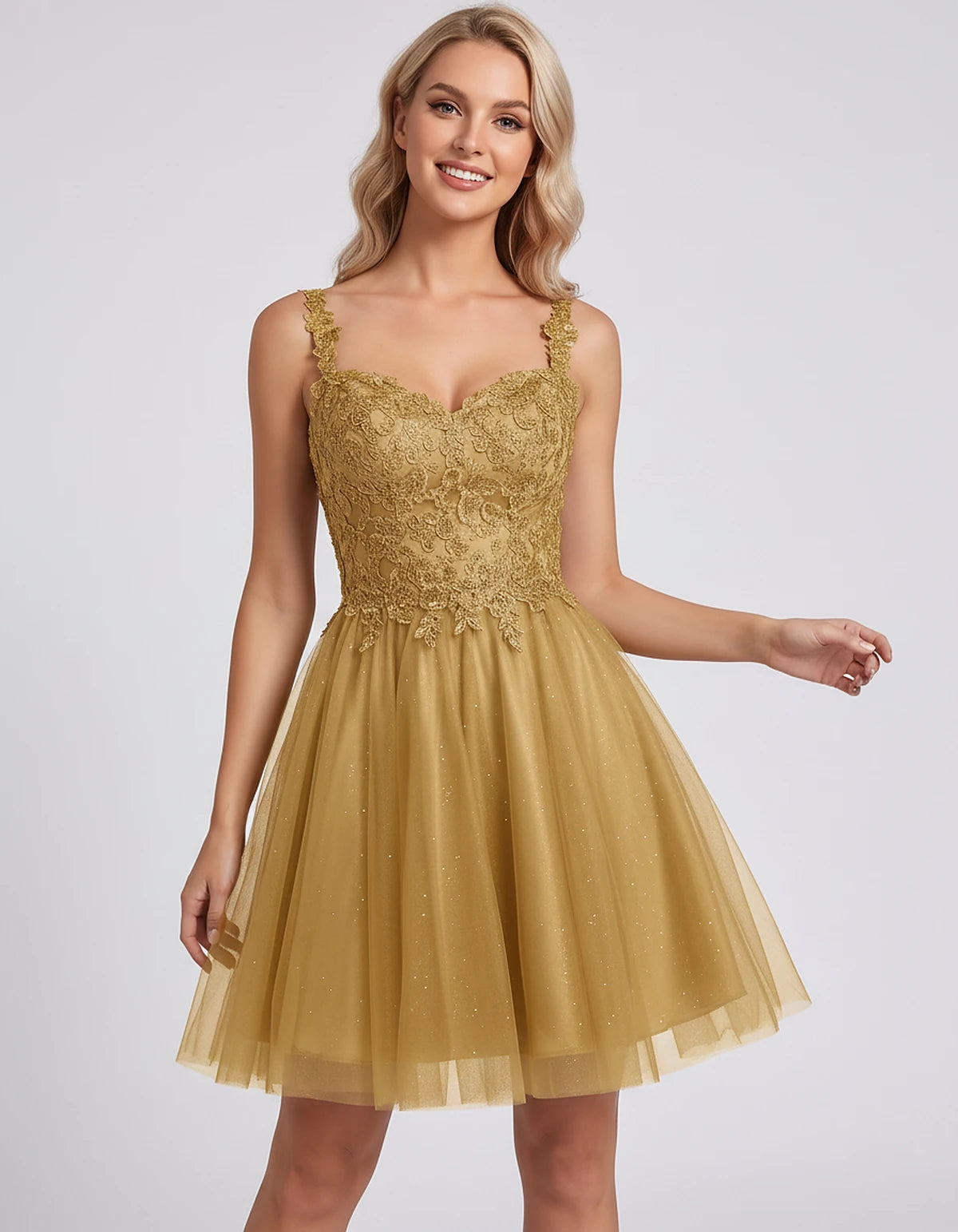 Polyester Tulle Satin Sleeveless Sweetheart V-Neck A-Line Mini Dress for Party, Cocktail, Evening, Summer & Wedding Guest Eve