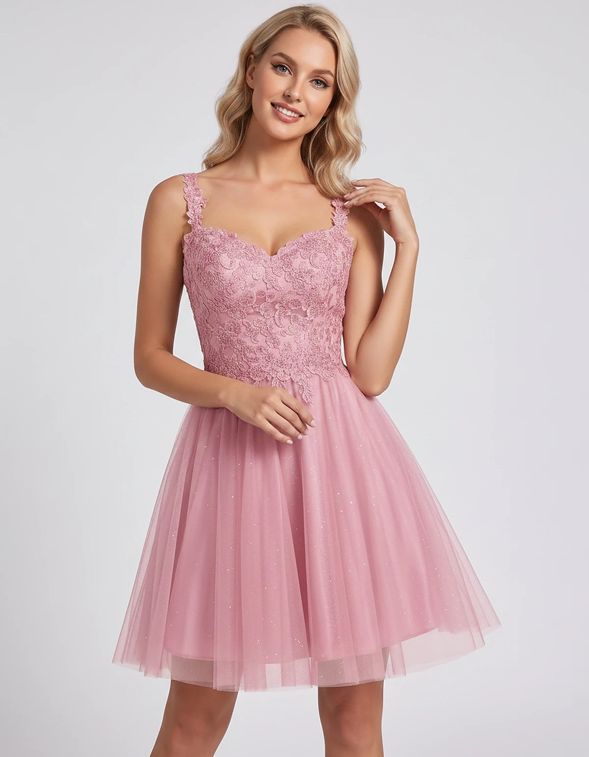 Polyester Tulle Satin Sleeveless Sweetheart V-Neck A-Line Mini Dress for Party, Cocktail, Evening, Summer & Wedding Guest Eve