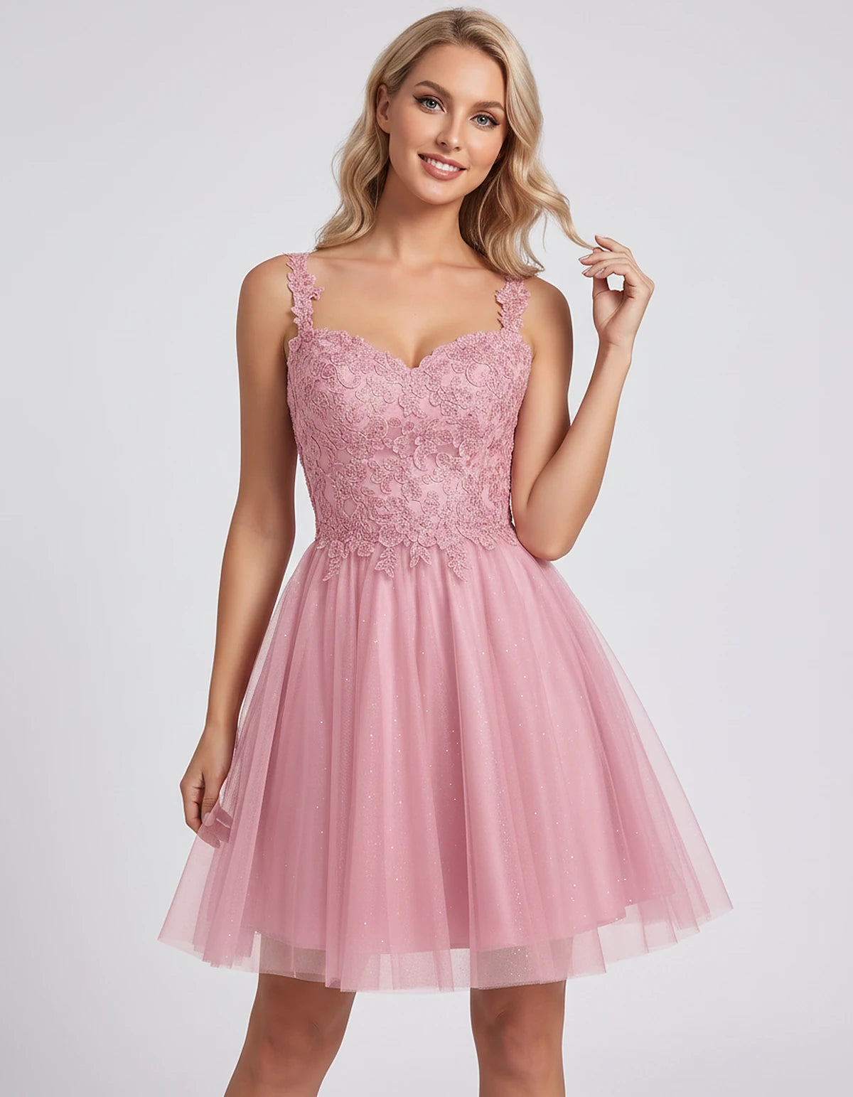 Polyester Tulle Satin Sleeveless Sweetheart V-Neck A-Line Mini Dress for Party, Cocktail, Evening, Summer & Wedding Guest Eve