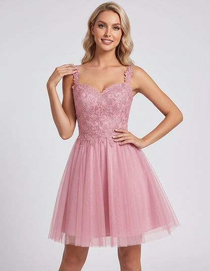 Polyester Tulle Satin Sleeveless Sweetheart V-Neck A-Line Mini Dress for Party, Cocktail, Evening, Summer & Wedding Guest Eve