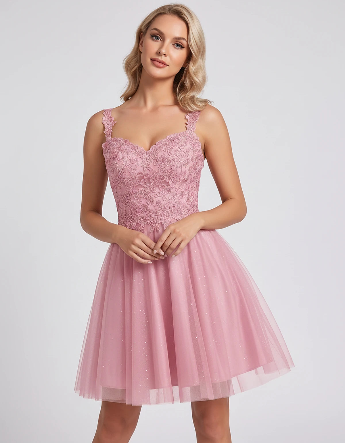 Polyester Tulle Satin Sleeveless Sweetheart V-Neck A-Line Mini Dress for Party, Cocktail, Evening, Summer & Wedding Guest Eve