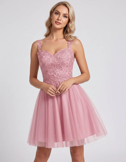 Polyester Tulle Satin Sleeveless Sweetheart V-Neck A-Line Mini Dress for Party, Cocktail, Evening, Summer & Wedding Guest Eve