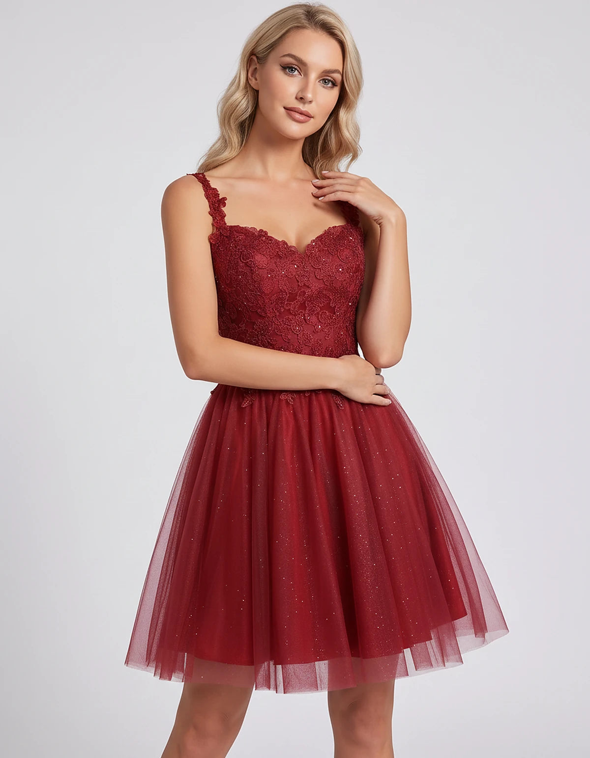 Polyester Tulle Satin Sleeveless Sweetheart V-Neck A-Line Mini Dress for Party, Cocktail, Evening, Summer & Wedding Guest Eve