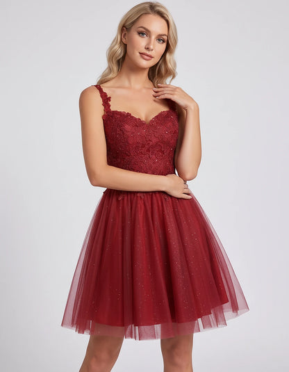 Polyester Tulle Satin Sleeveless Sweetheart V-Neck A-Line Mini Dress for Party, Cocktail, Evening, Summer & Wedding Guest Eve