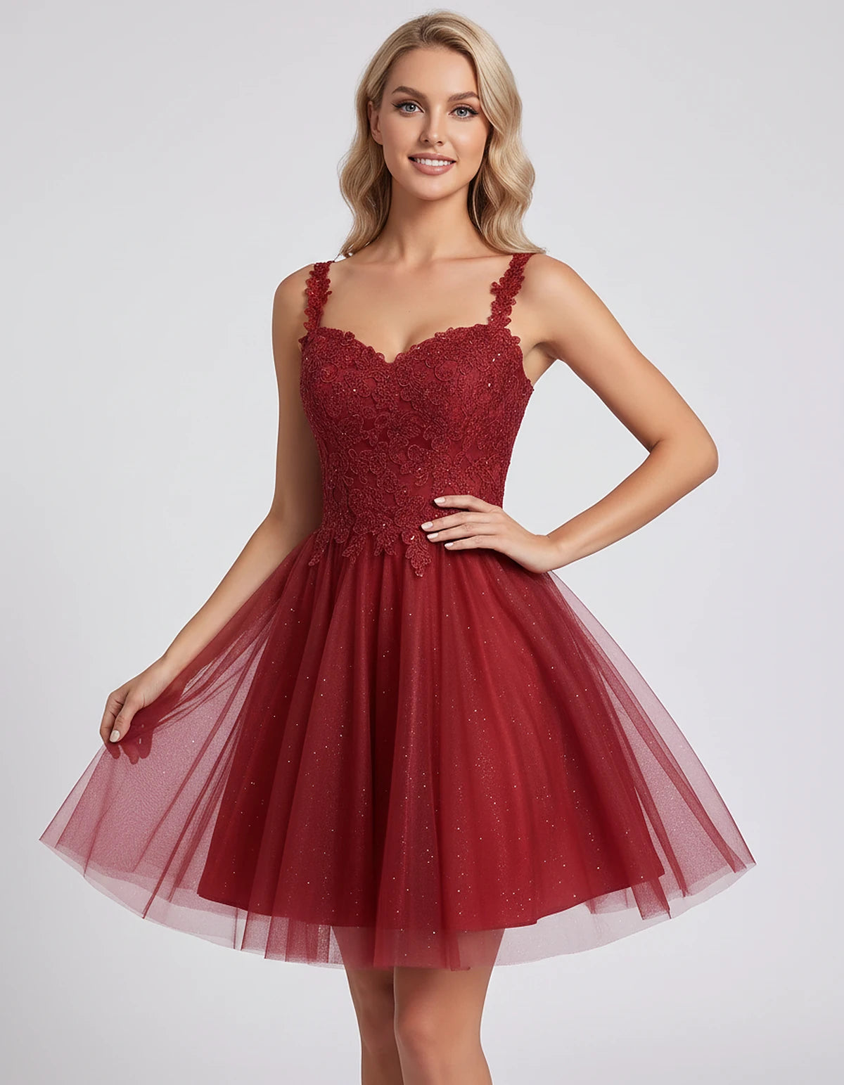 Polyester Tulle Satin Sleeveless Sweetheart V-Neck A-Line Mini Dress for Party, Cocktail, Evening, Summer & Wedding Guest Eve