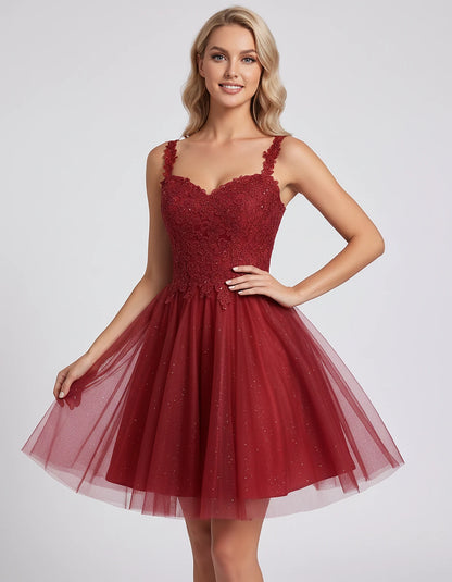 Polyester Tulle Satin Sleeveless Sweetheart V-Neck A-Line Mini Dress for Party, Cocktail, Evening, Summer & Wedding Guest Eve