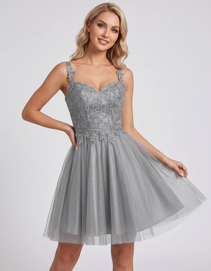 Polyester Tulle Satin Sleeveless Sweetheart V-Neck A-Line Mini Dress for Party, Cocktail, Evening, Summer & Wedding Guest Eve