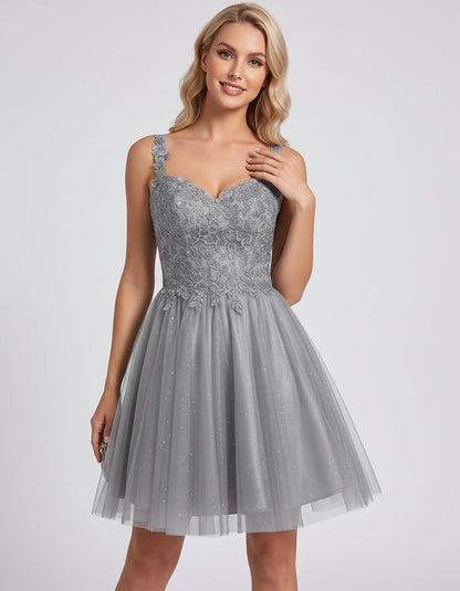 Polyester Tulle Satin Sleeveless Sweetheart V-Neck A-Line Mini Dress for Party, Cocktail, Evening, Summer & Wedding Guest Eve