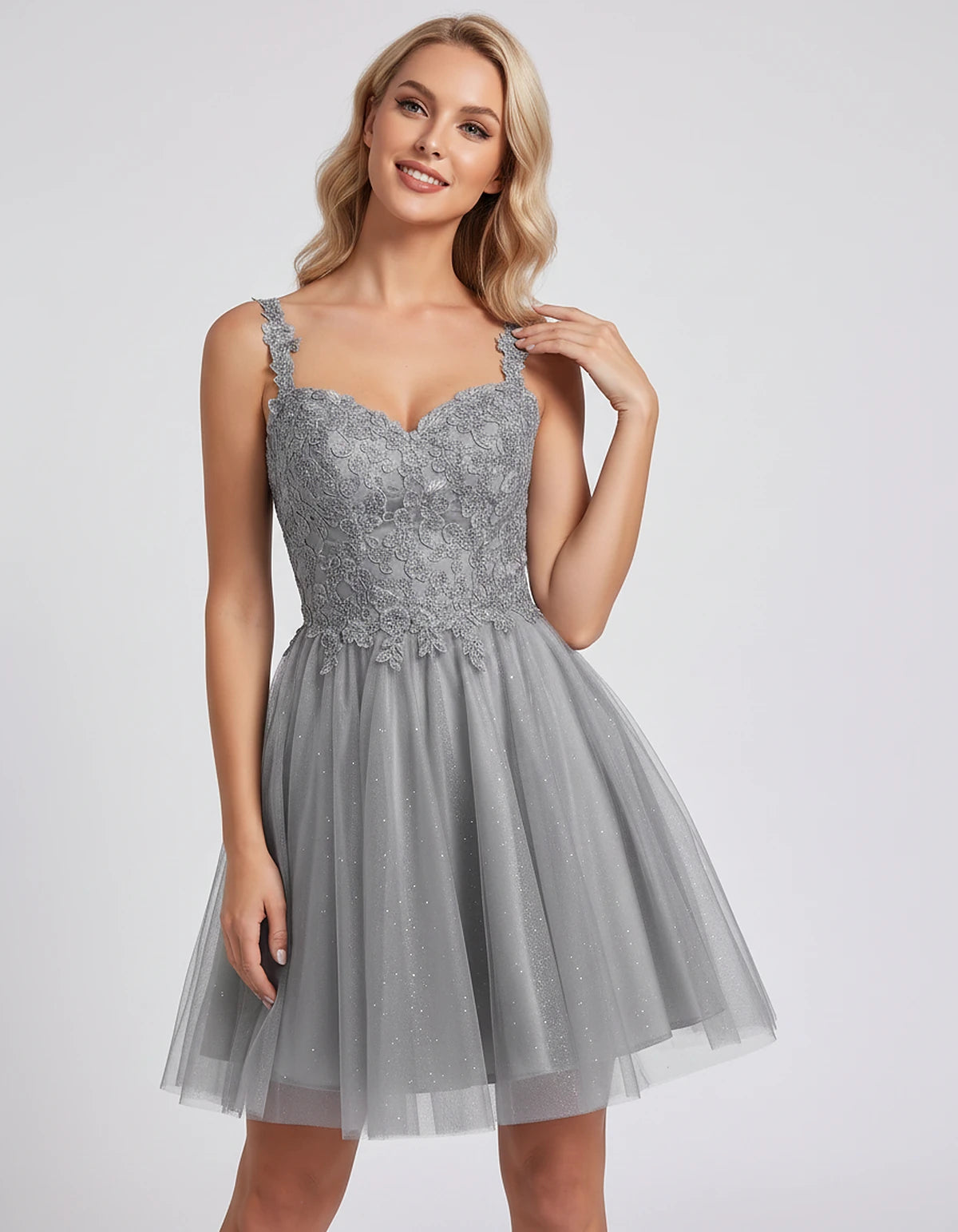 Polyester Tulle Satin Sleeveless Sweetheart V-Neck A-Line Mini Dress for Party, Cocktail, Evening, Summer & Wedding Guest Eve