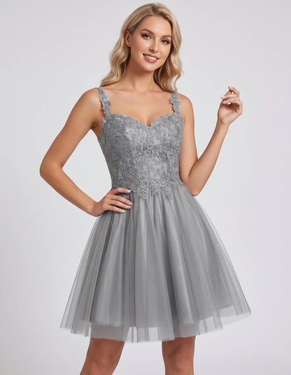 Polyester Tulle Satin Sleeveless Sweetheart V-Neck A-Line Mini Dress for Party, Cocktail, Evening, Summer & Wedding Guest Eve