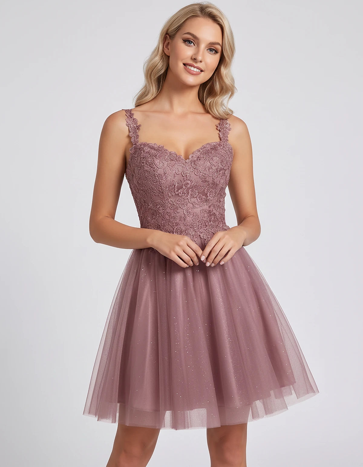 Polyester Tulle Satin Sleeveless Sweetheart V-Neck A-Line Mini Dress for Party, Cocktail, Evening, Summer & Wedding Guest Eve