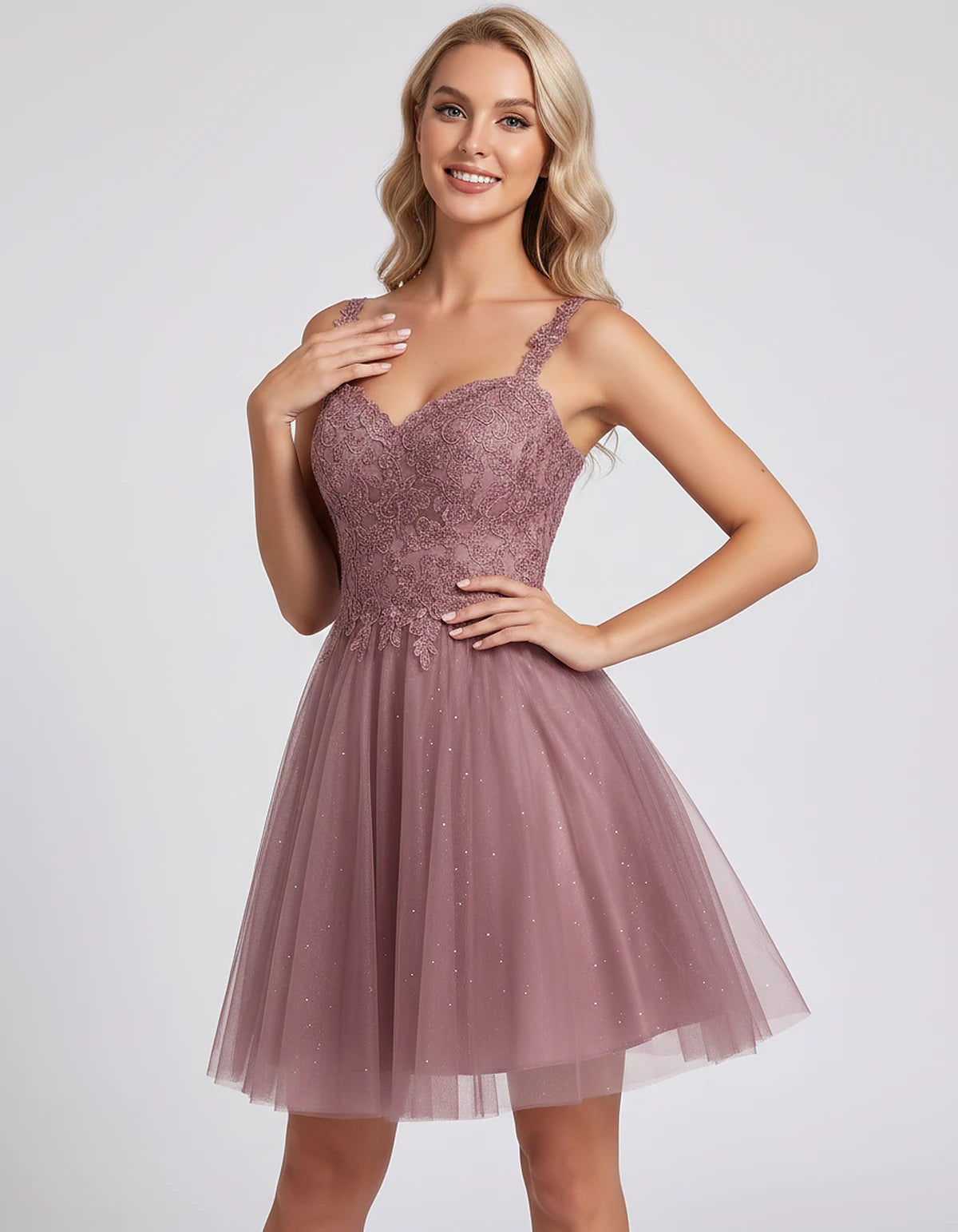 Polyester Tulle Satin Sleeveless Sweetheart V-Neck A-Line Mini Dress for Party, Cocktail, Evening, Summer & Wedding Guest Eve