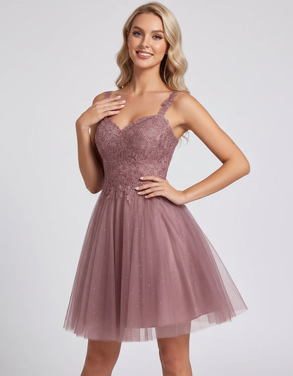 Polyester Tulle Satin Sleeveless Sweetheart V-Neck A-Line Mini Dress for Party, Cocktail, Evening, Summer & Wedding Guest Eve