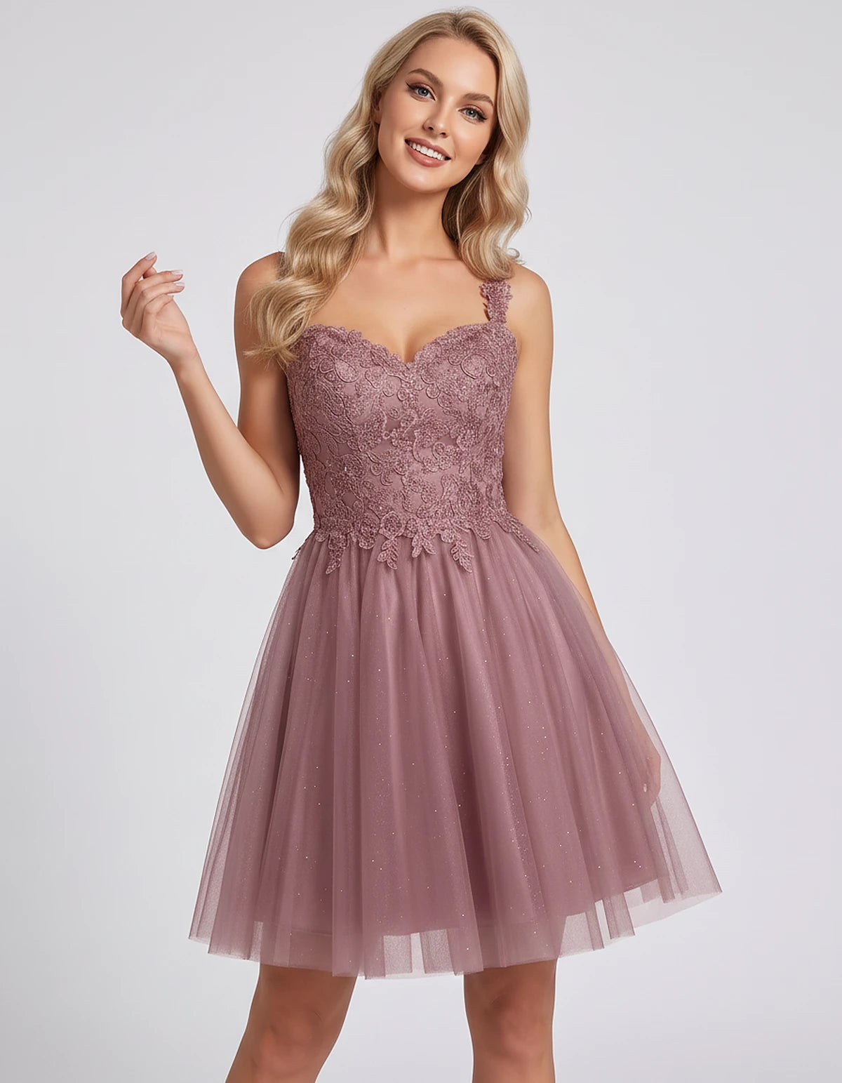 Polyester Tulle Satin Sleeveless Sweetheart V-Neck A-Line Mini Dress for Party, Cocktail, Evening, Summer & Wedding Guest Eve