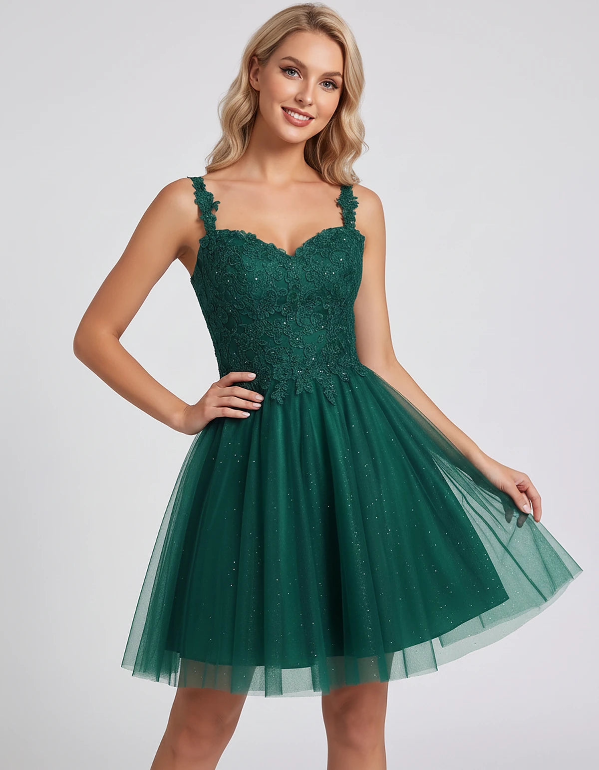Polyester Tulle Satin Sleeveless Sweetheart V-Neck A-Line Mini Dress for Party, Cocktail, Evening, Summer & Wedding Guest Eve