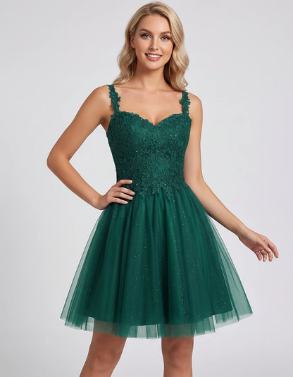 Polyester Tulle Satin Sleeveless Sweetheart V-Neck A-Line Mini Dress for Party, Cocktail, Evening, Summer & Wedding Guest Eve