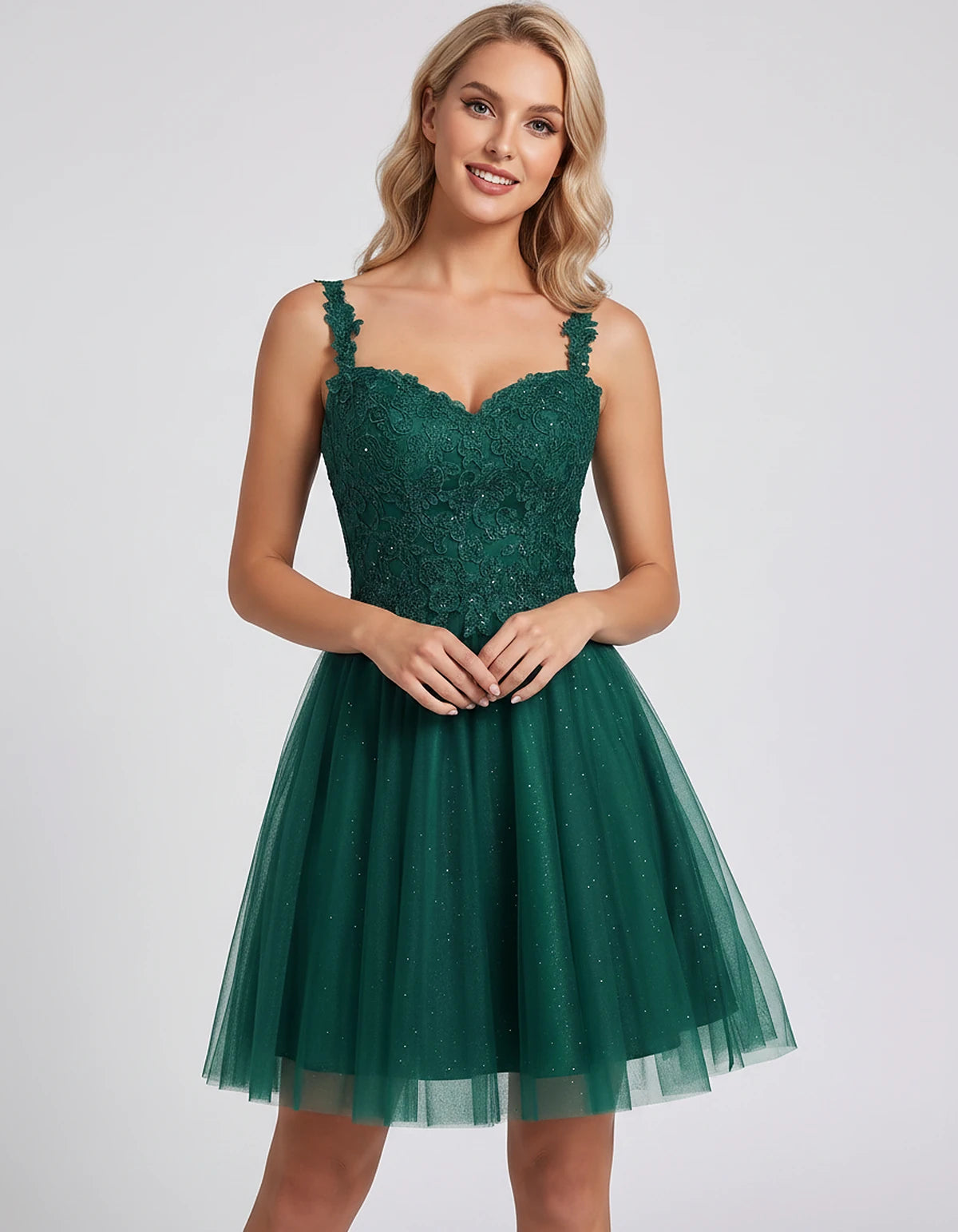 Polyester Tulle Satin Sleeveless Sweetheart V-Neck A-Line Mini Dress for Party, Cocktail, Evening, Summer & Wedding Guest Eve