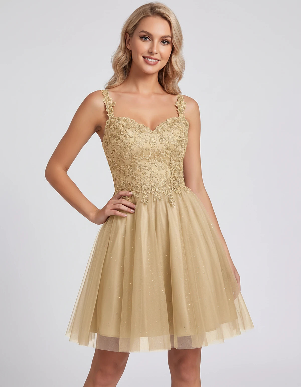 Polyester Tulle Satin Sleeveless Sweetheart V-Neck A-Line Mini Dress for Party, Cocktail, Evening, Summer & Wedding Guest Eve