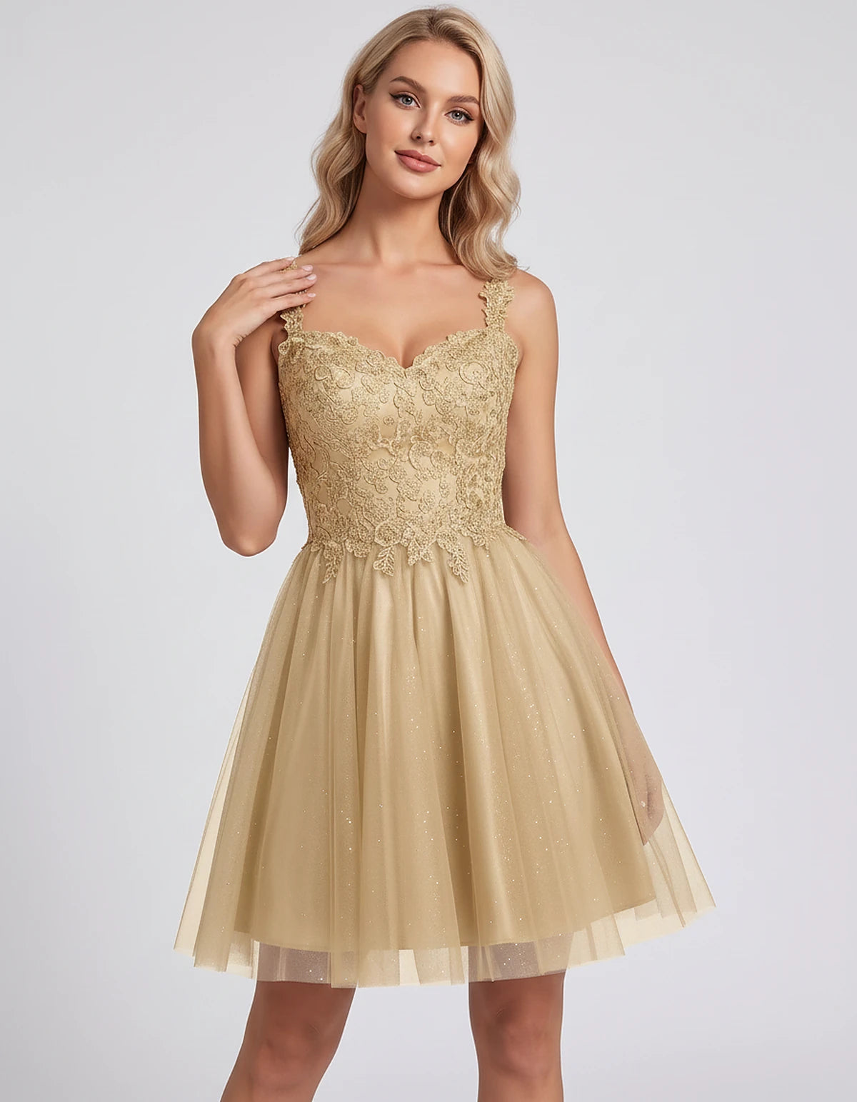 Polyester Tulle Satin Sleeveless Sweetheart V-Neck A-Line Mini Dress for Party, Cocktail, Evening, Summer & Wedding Guest Eve