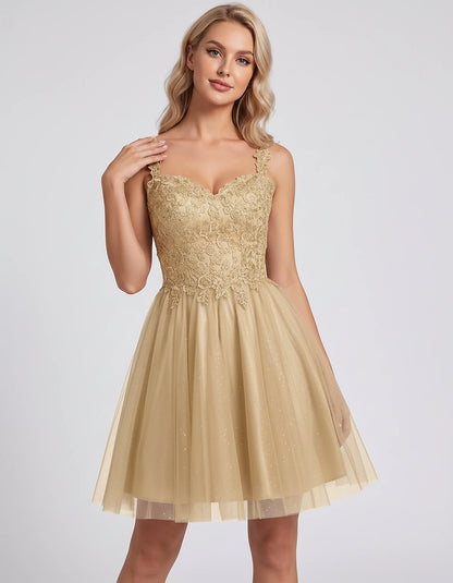 Polyester Tulle Satin Sleeveless Sweetheart V-Neck A-Line Mini Dress for Party, Cocktail, Evening, Summer & Wedding Guest Eve
