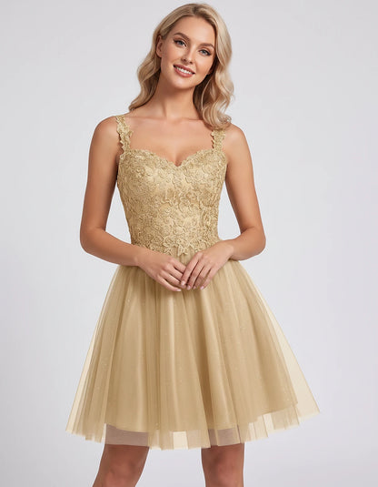 Polyester Tulle Satin Sleeveless Sweetheart V-Neck A-Line Mini Dress for Party, Cocktail, Evening, Summer & Wedding Guest Eve